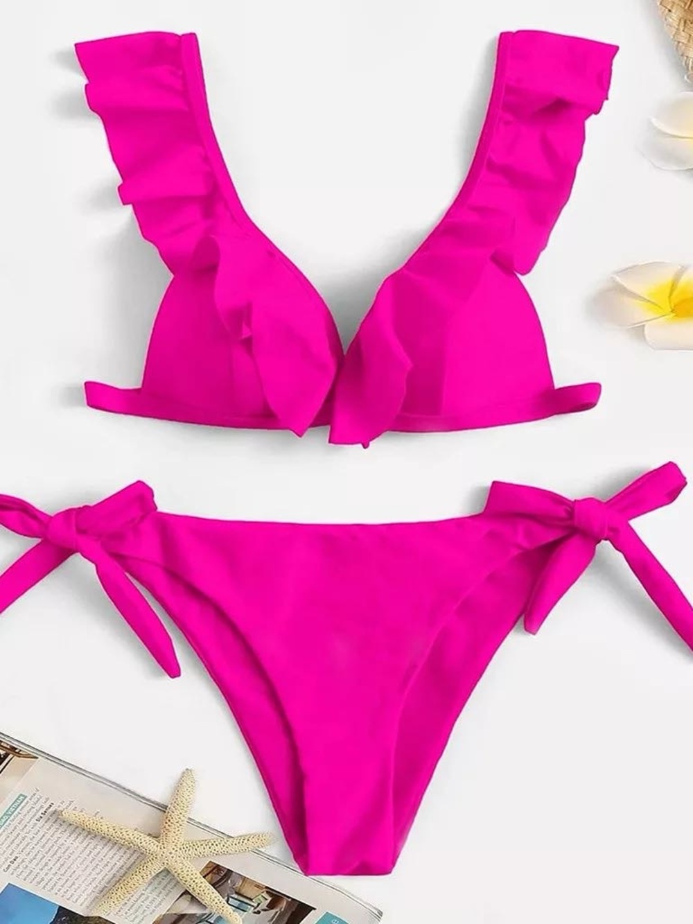 Hot Pink Ruffle Strap Bikini Set